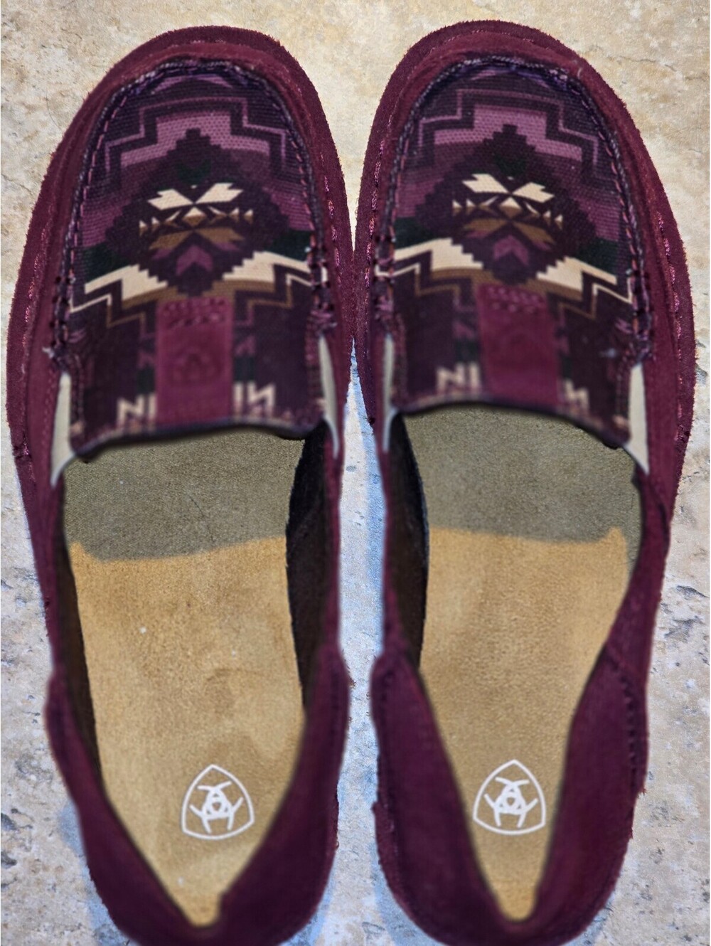 Ariat Burgundy Suede and Patterned Slip-On Shoes